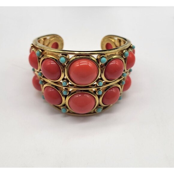 Faux Coral Turquoise Cabochon Open Cuff BOHO Gold Tone Bracelet *flaw - Picture 1 of 9